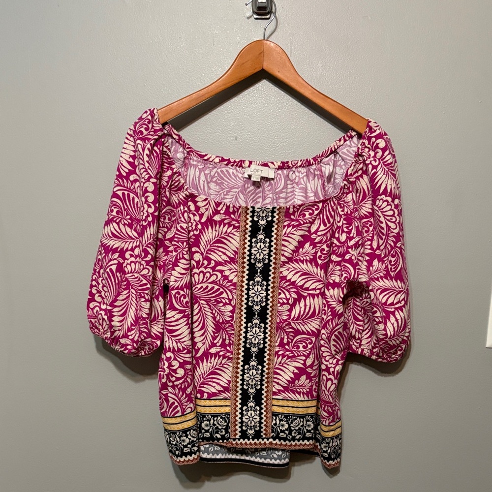LOFT Pink & Black Floral Relaxed Tropical Top Square Neck Beautiful Print!
